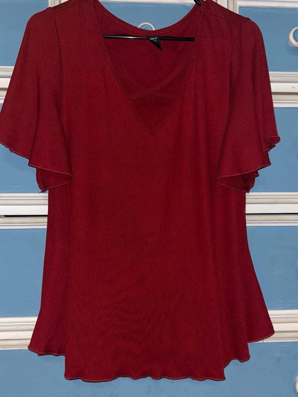 SHEIN Deep Red V-Neck Flutter Sleeve Tunic